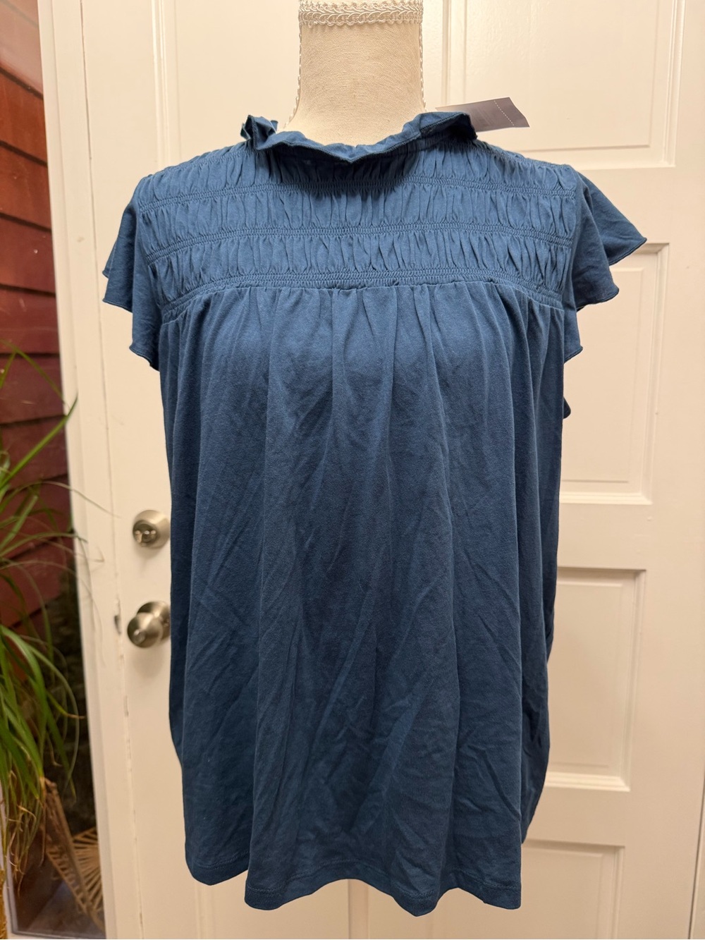Ann Taylor Slate Blue Smocked Flutter Sleeve Blouse